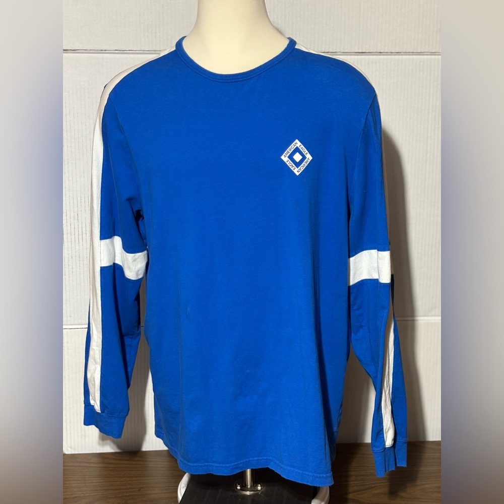American Eagle XXL long sleeve blue & white men’s shirt 32” L 24” p2p 27” sleeve